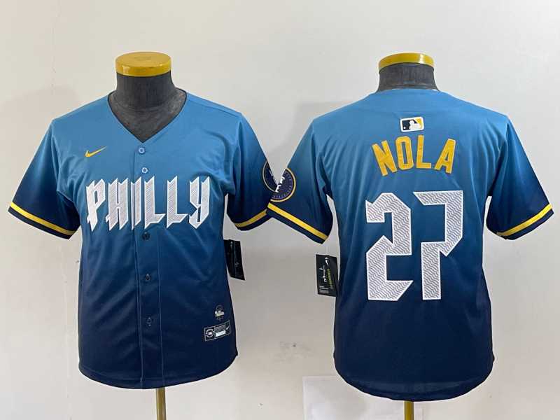 Womens Philadelphia Phillies #27 Aaron Nola Blue 2024 City Connect Limited Stitched Jersey